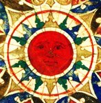 Cantino planisphere (1502), Biblioteca Estense, Modena, Italy. Słońce we wnętrzu głównej róży wiatrów. Powiększenie słońca.